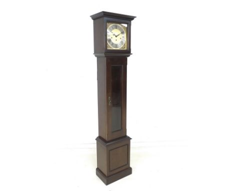 A modern Metamec grand daughter clock, in mahogany case, brass dial with applied spandrels, silvered chapter ring with black 