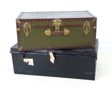 A vintage green trunk, with leather carry handles and brass fittings, canvas lined, 78 by 43 by 32cm high, together with a bl