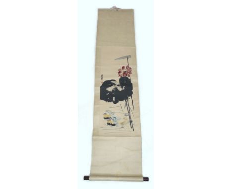 After Qi Baishi (Chinese, 1864-1957): a Chinese hand painted scroll of large black lotus leaf, pink bloom, and two ducks, sig