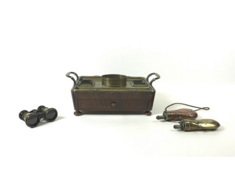 A collection of items including a 19th century brass and rosewood desk stand with bun feet, single drawer, pineapple detail a