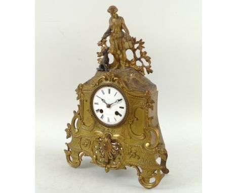 A French 19th century gilt brass figural mantle clock, eight day movement, cast with Diana hunting with dog, the white enamel