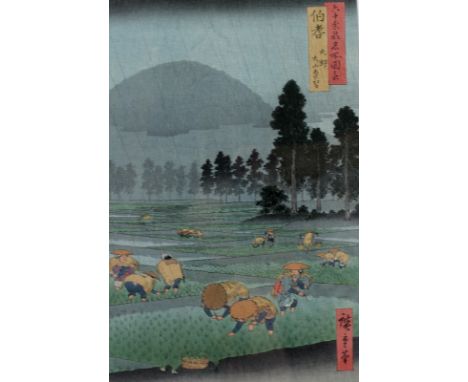 A pair of 19th century Japanese woodblock prints on crepe paper, possibly by Hiroshiga; the first 'Rice Planters', inscribed,