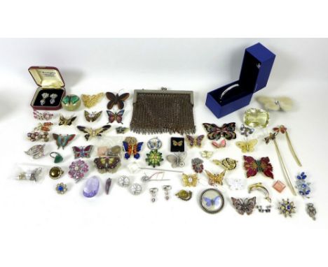 A collection of costume jewellery, including enamel butterflies, a Swarovski bangle in original box, pierced and clip earring