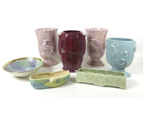A collection of 20th century ceramics comprising a Beswick pale blue vase, number 1095, moulded with scene depicting a fawn a