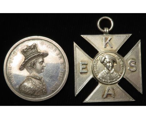 British School Medals (2) founded by Edward VI, silver: Christ's Hospital School unmarked silver d.34.5mm, 16.77g, named on e