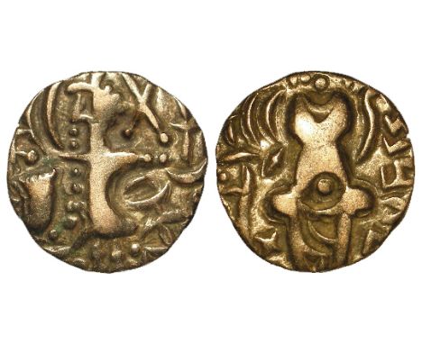 India, Kidarite Jammu &amp; Kashmir debased gold Stater of Pratapaditya II, 5thC AD. 7.43g. M. ACW #3643. VF. Ticket by Dr. V