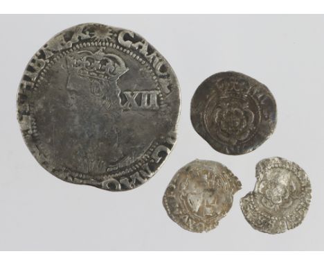 Stuart hammered silver (4): James I thistle/rose Penny mm. lis 0.44g (chipped) GF in places; Charles I: Shilling mm. sun 5.40