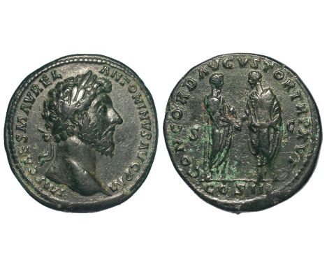 Roman Imperial: Marcus Aurelius AE Sestertius, Rome 161-169 AD (joint reign). Rev: Marcus Aurelius and Lucius Verus stand fac