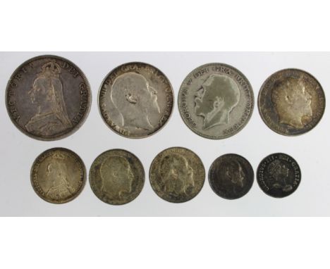 GB Silver (9): Double-Florin 1887 roman 1 GVF, Halfcrown 1902 nEF scratches, Halfcrown 1925 VG, Florin 1903 nVF, Shilling 188