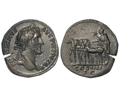 Roman Imperial: Antoninus Pius AE Sestertius, Rome 145-152AD. Emperor in quadriga l. rev. C.319; BMC 1668; RIC 766. 23.34g. V