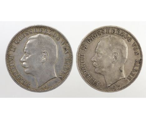 German States, Baden silver 3 Marks (2): 1910G VF, and 1911G VF light edge knock.