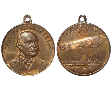 German Commemorative Medalet, bronze d.23mm: Graf Ferd. V. Zeppelin, portrait r. / Gluck Ab! Gut Land! 1908, image of airship