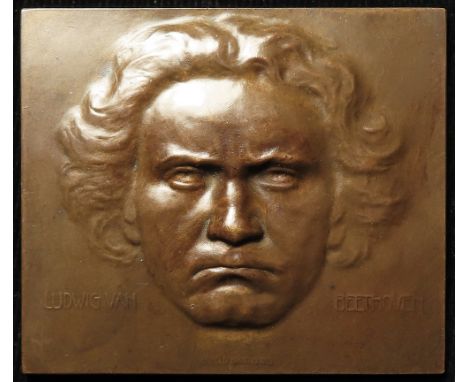 Austrian Commemorative Plaque, bronze 71x62mm uniface: Ludwig Van Beethoven, facing portrait, by Arnold Hartig 1909, EF.