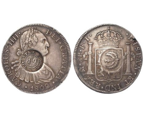 Dollar, Scottish Thistle Bank of Glasgow '4/9' countermark, with reverse thistle mark, on a Spanish Mexico 8 Reales 1802 Mo F
