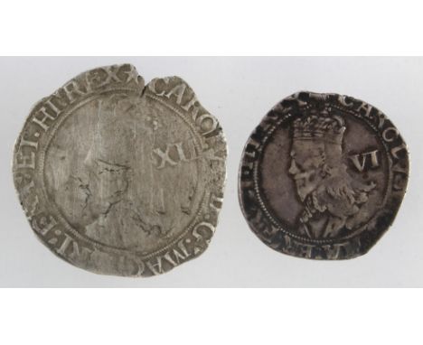 Charles I silver (2): Group F Shilling mm. star, S.2799, 5.56g, Fine, weak on portrait; and group E Sixpence mm. tun, S.2814,