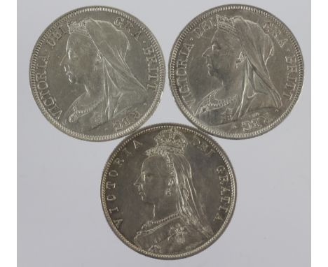 GB Halfcrowns (3): 1887 Jubilee aEF, 1893 EF light scratches, and 1897 EF.
