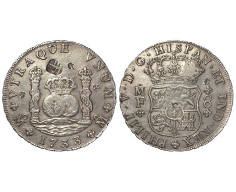 Spanish Mexico silver "Pillar Dollar" 8 Reales 1733 Mo MF (scarce date) KM# 103, lightly cleaned aEF with a few Chinese (or p