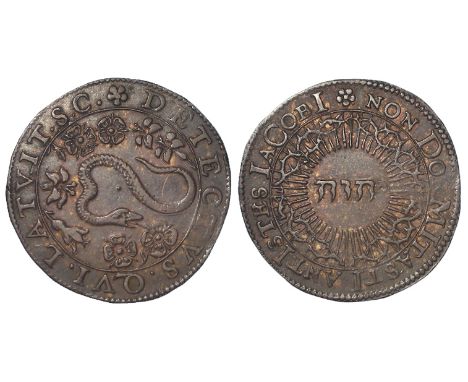 James I, Dutch copper jeton commemorating the foiling of the Gunpowder Plot in 1605. The enlarged letters of the reverse lege