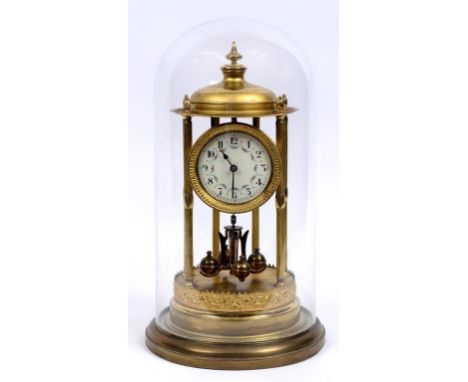 A French gilt metal anniversary clock, the white enamel dial with Arabic numerals and painted flowers, under a glass dome, 40