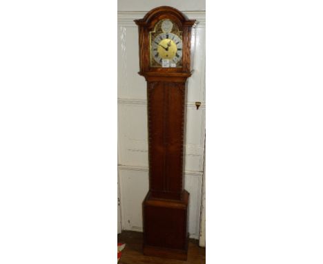 A dwarf longcase clock, the 19 cm arched square brass dial with Roman numerals and Tempus Fugit to the arch, with two keys, 1