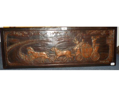 An embossed copper panel, Coaching Days, 30.5 x 87 cm 