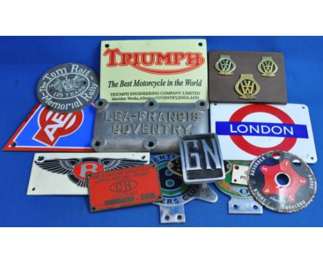 Assorted badge bar and other badges, including Bentley Driver's Club, Lea-Francis Coventry, and AESC enamel sign and other si