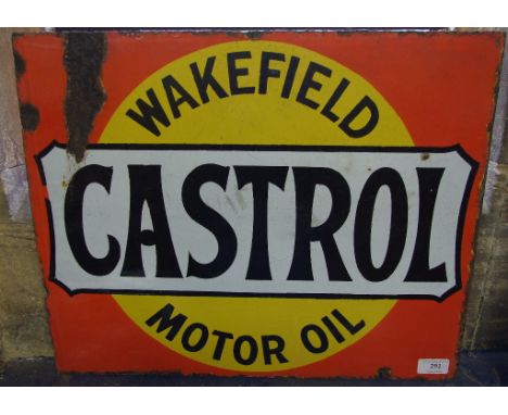 A Wakefield Castrol Motor Oil enamel sign, yellow on orange, some damage