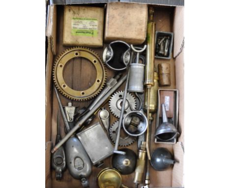 Assorted automobilia, including brass grease guns, oil cans, oilers, a King Dick ratchet spanner and other similar items (box