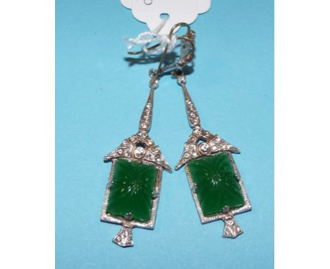 A pair of 9ct white gold, silver and jade dress earrings 