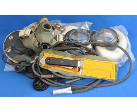 Assorted flying clothing accessories, including a pair of RAF pattern flying goggles, marked BS4110XA HALC, various HT and au