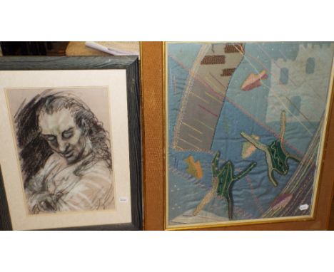 An abstract textile panel, decorated frogs and fish, 62.5 x 53 cm, Ferd U Nagert Spiegel, a portrait of a lady, pencil, initi