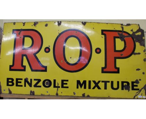 A ROP Benzole Mixture enamel sign, red on yellow, some damage