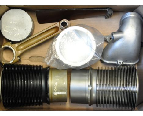 A de Havilland Gipsy engine crank case, in two halves, (reputed to be cracked) a cylinder barrel, a connecting rod and other 