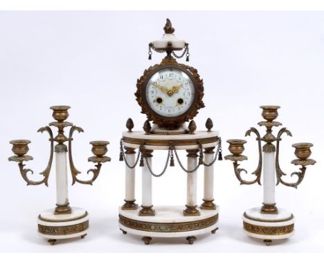 A French clock garniture, the 9 cm diameter enamel dial with Roman numerals, fitted an eight day movement, in a marble case w