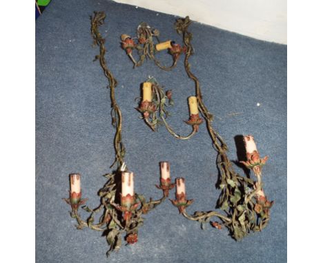 A pair of three branch light fittings, decorated flowers and foliage, and matching items (box) Condition report Report by GH
