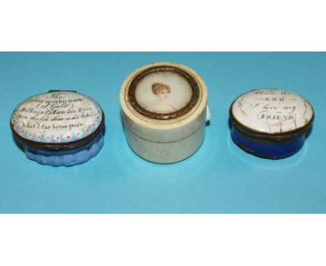 An enamel patch box, Unite the END I love my FRIEND, another similar, and a pill box (a.f.) (3)