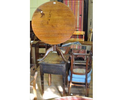 A 19th century mahogany tripod table, 79 cm diameter, a school desk, a mirror and two chairs (5)