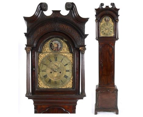 An automata longcase clock, the 30 cm arched square brass dial signed Abraham Bernard, Bristol, the matt centre with a subsid