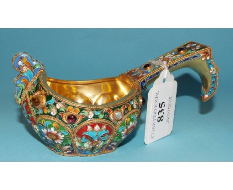 A kovosch, with enamel and hardstone decoration, 13 cm long