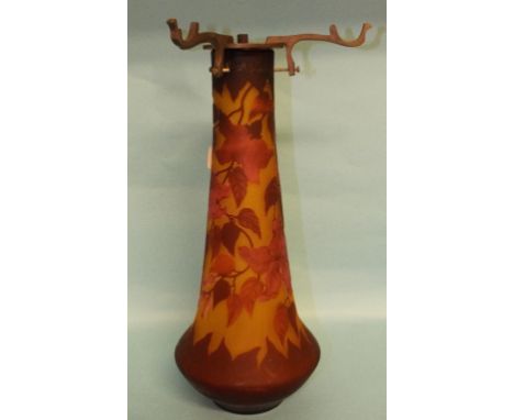 A glass table lamp base, with overlaid floral decoration, 35 cm high