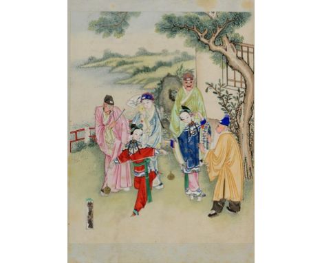 Chinese school, figures in a garden, watercolour, signed, 20.5 x 16.5 cm, and three others (4)  See illustration Condition re