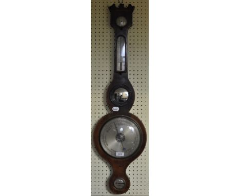 A 19th century mahogany wheel barometer, with thermometer, hydrometer, mirror and level, 93 cm high