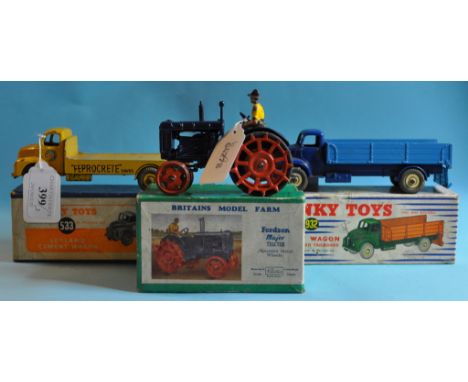 A Britains Model Farm Fordson Major Tractor, with die-cast spudded metal wheels, a Dinky Toys Leyland Cement Wagon, Feprocret