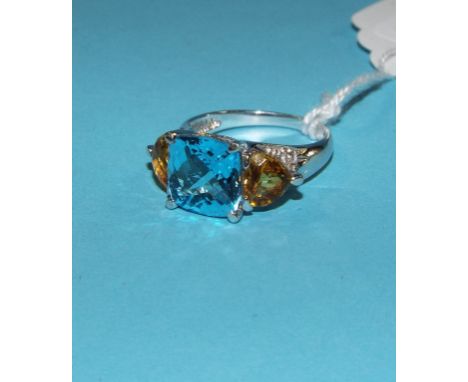 A 9ct white gold, blue topaz, citrine and diamond ring