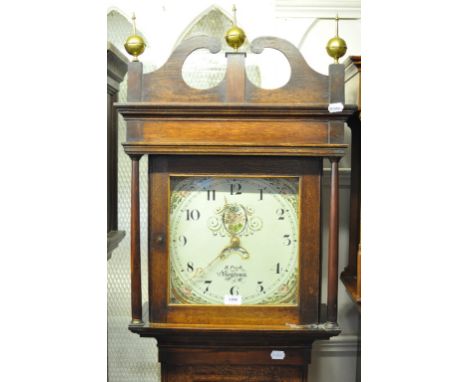 A longcase clock, the 28 cm square painted dial signed R Pugh, Newtown, with Arabic numerals and subsidiary seconds dial, fit