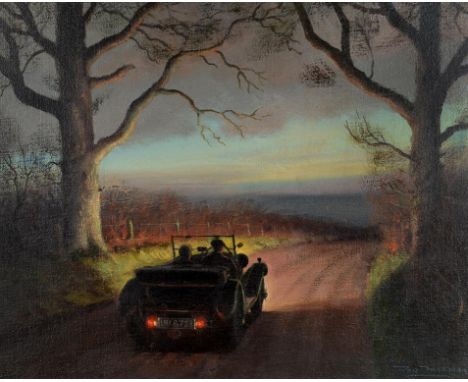 Roy Nockolds, a 3 litre Bentley, registration number UU 6721, on a country lane at dusk with the headlights illuminating the 