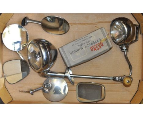 A Desmo exterior mirror, No 44/PI, boxed, a Styla A pillar chrome bodied spot lamp, another similar, and wing mirrors (box) 