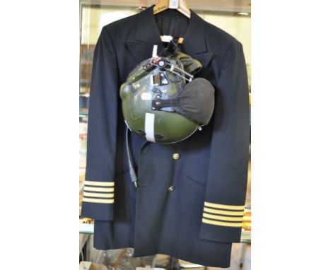 Assorted flying clothing, including a Dennis Ferranti NATO pattern flying helmet, in olive green, complete with visor, ear pi