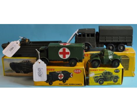 A Dinky Toys Camion Militaire Berliet Tous Terrains, 818, a Camion Militaire Amphibie, 825, and two others, 626 and 670, all 