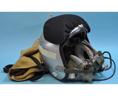 Assorted flying clothing, including a Mk I A size 3 bone dome flying helmet, in silver and inscribed Peter Henley, together w
